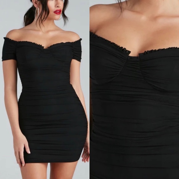 Off Shoulder Dress- black - Picture 1 of 7